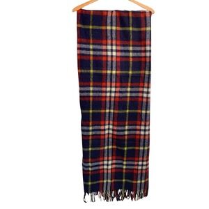 Troy Leisure Blanket Vintage 50x69 Navy Red Yellow Plaid Fringed Throw USA